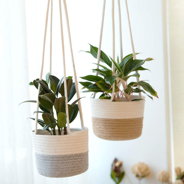 High Quality Indoor Set of 2 Cotton Rope Hanging Baskets