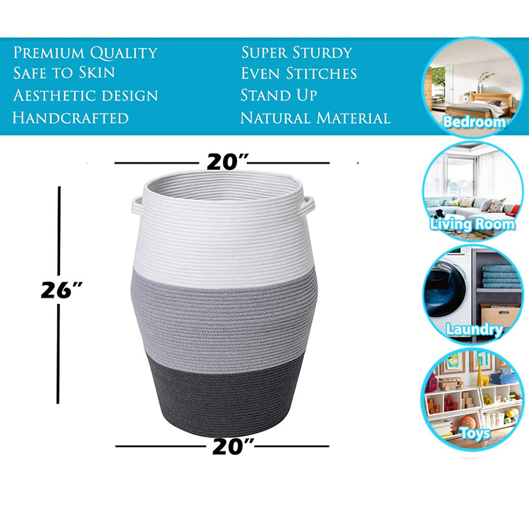 Premium Foldable Tall Woven Rope Large Laundry Clothes Hamper Basket